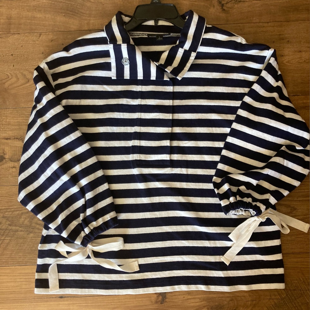 J. Crew Woman's Navy/White Striped Snap Neck Popover Sweatshirt w/Ties; Size L